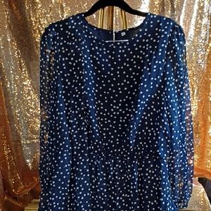 Elegant Navy Blue And White Polka Dot Dress With Sheer Long Sleeves